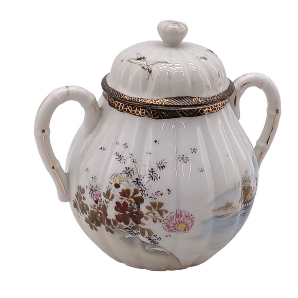 Vintage Japanese Kutani Style Porcelain Lidded Sugar Bowl Pot Hand Painted - Picture 1 of 13